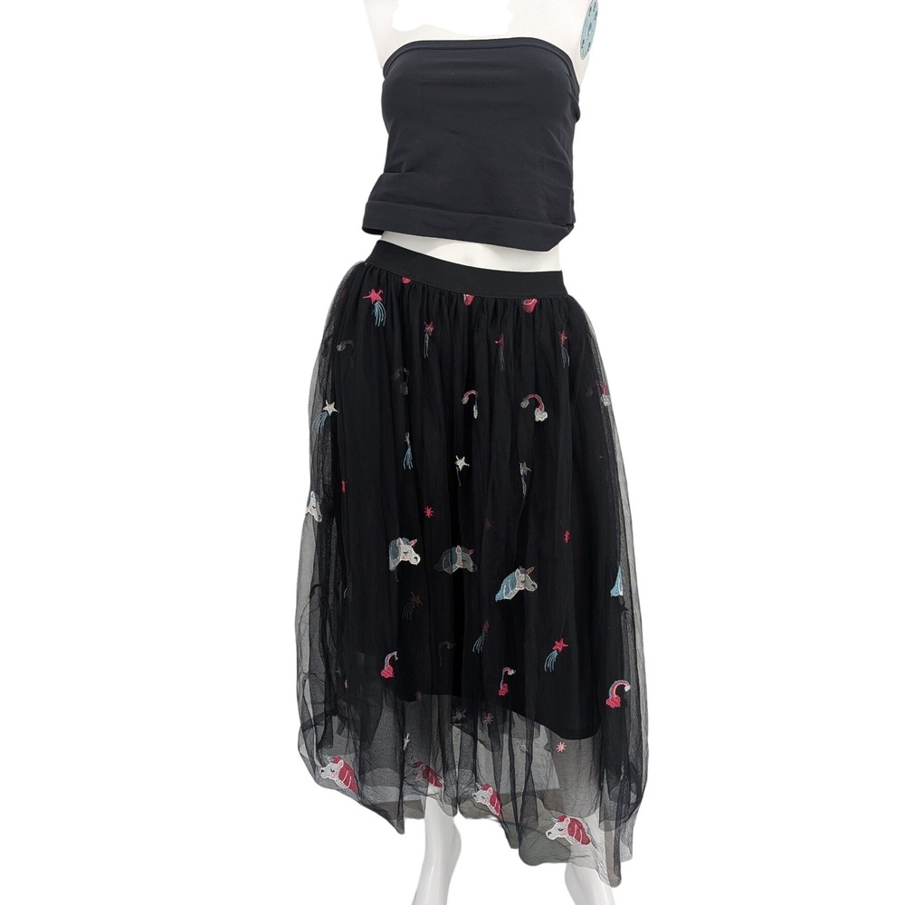 Unique Vintage Black Unicorn Embroidered Tulle Midi Skirt Whimsical Fairy Large